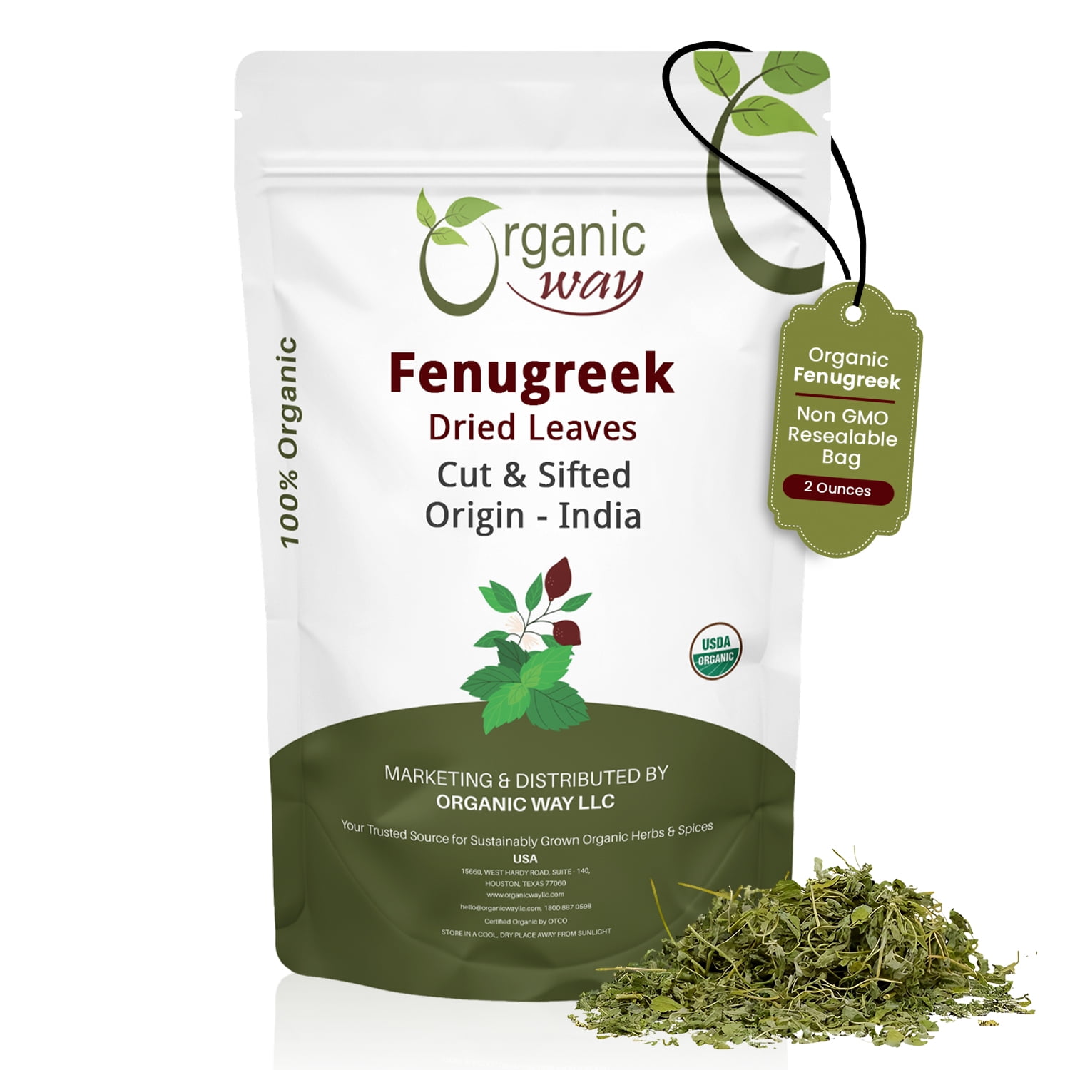 Organic Way Fenugreek Dried Leaves (Kasuri Methi) - Organic & Kosher Certified | Raw Vegan Non GMO & Gluten-Free | USDA Certified | Origin - India (2 Oz)