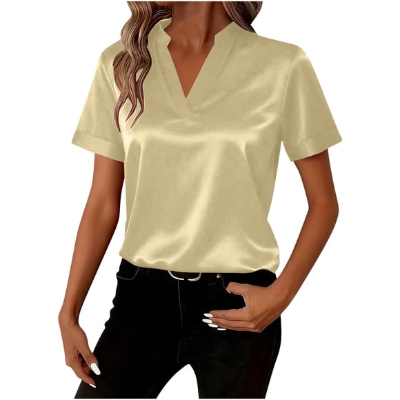 V Neck Short Sleeve Shirts for Women Satin Blouses Business Casual Tops Button Up