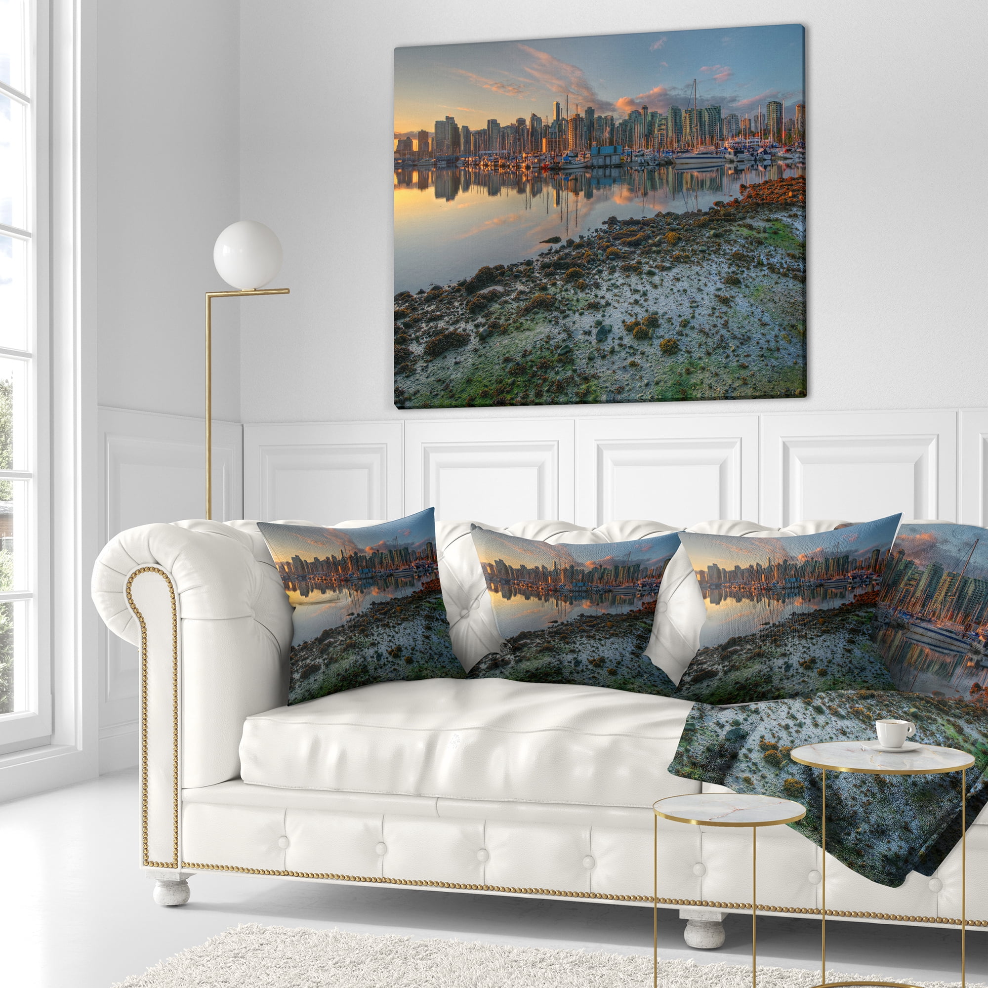 Designart Beautiful Sunrise at Vancouver Downtown - Seashore Throw Pillow - 16x16