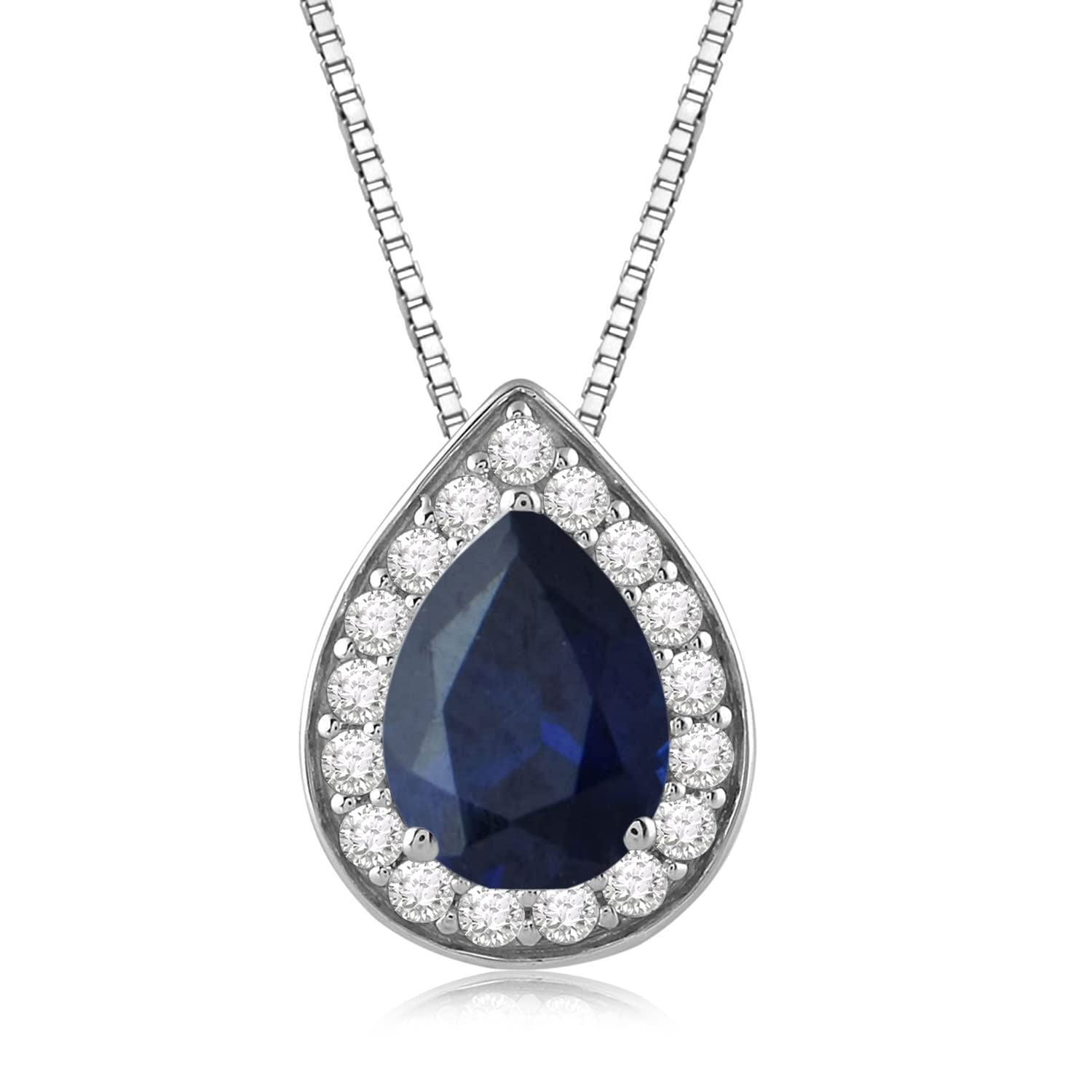Jewelili Pendant Necklace, 18' Box Chain Sterling Silver 7x5 MM Pear Created Blue Sapphire and Round Created White Sapphire