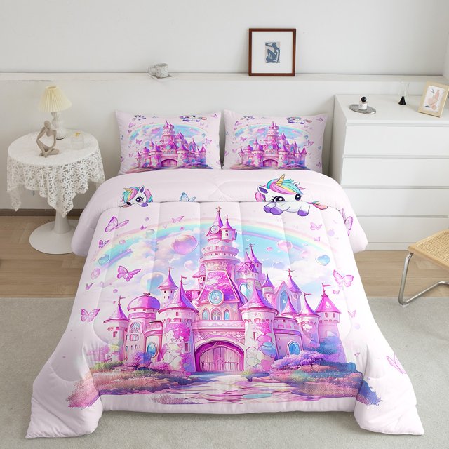 Erosebridal Ensembles de Couette Château de Rêve Format Simple, Couettes et Duvets Papillon Arc-en-Ciel, Décor Thème Princesse, Réversible 2 Pcs