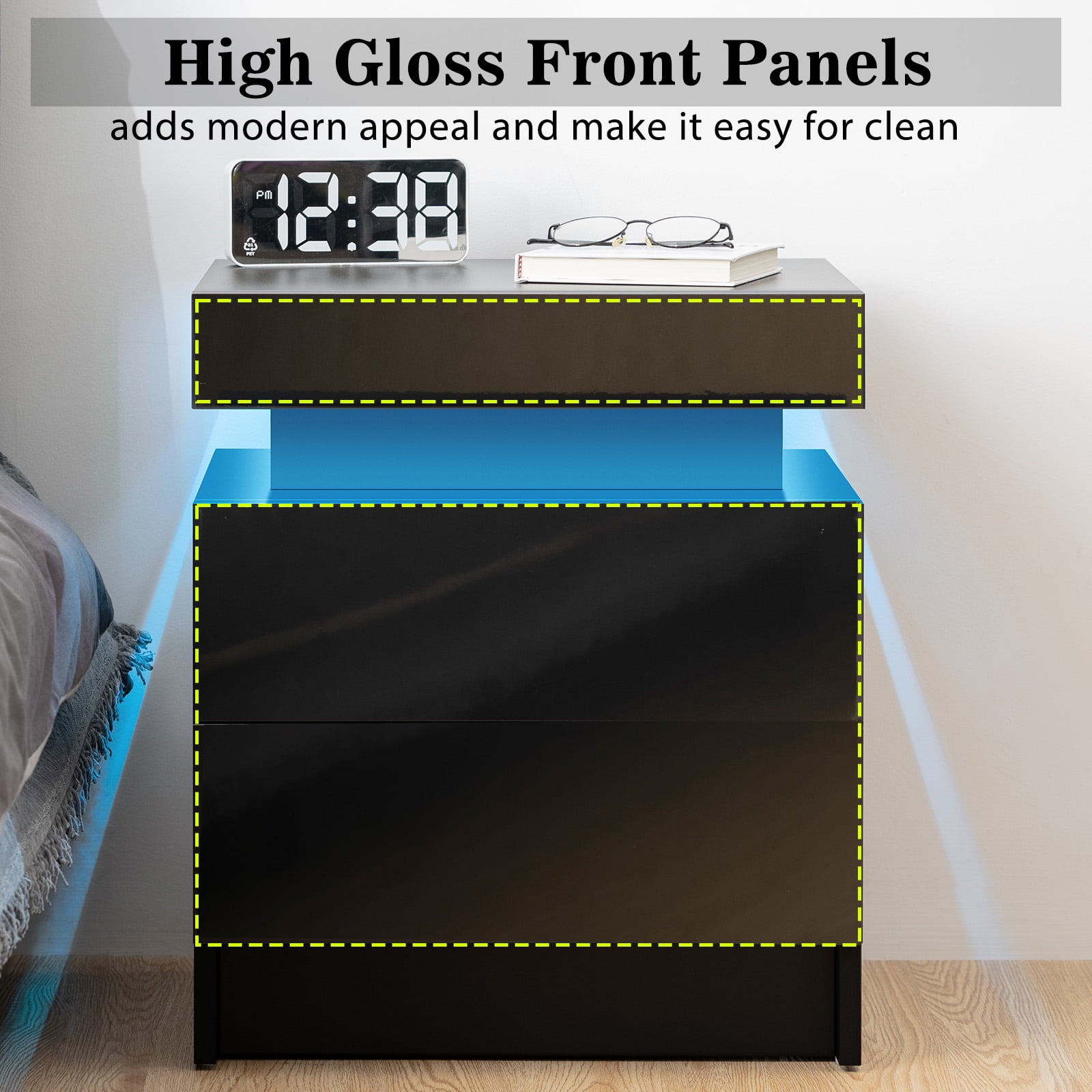 Hommpa set of 2 Modern Nightstand with LED Light High Gloss Bedside Tables for Bedroom, Night Stand with 2 Drawer Side Table Cabinet, Black
