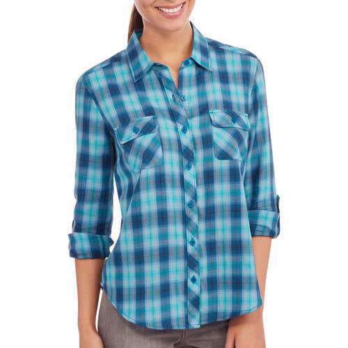 Faded Glory Women's 2 Flap Pocket Tailored Plaid Shirt with Roll Cuff Detail