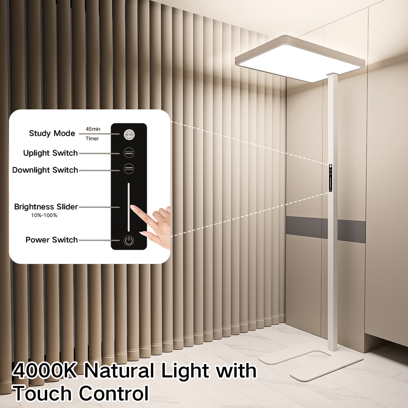8000LM LED Floor Lamp, 100W Eye-Caring Reading Standing Light, 4000K Dimmable Natural Daylight Modern Tall Reading Lamp for Home Office, Study Room, Living Room, Bedroom, Touch Control