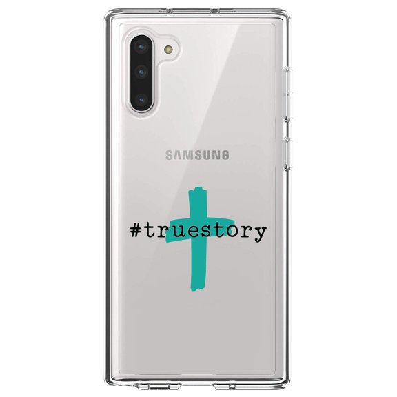 DistinctInk Clear Shockproof Hybrid Case for Samsung Galaxy Note 10 (6.3" Screen) - TPU Bumper Acrylic Back Tempered Glass Screen Protector - #truestory - Cross - Christian - Teal