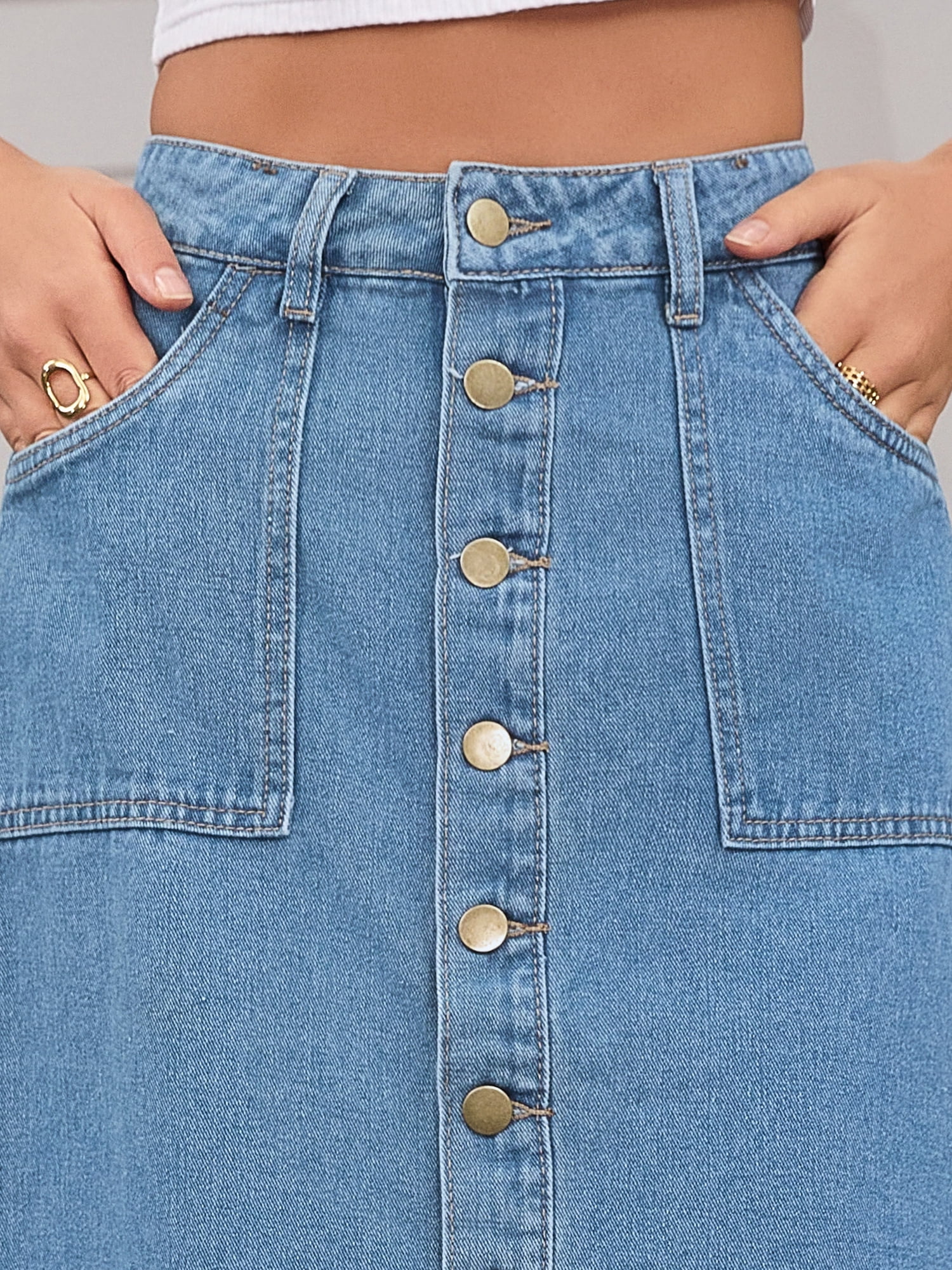 DARING DIVA Women's Denim Raw Hem Button Down Pencil Skirts Large Blue