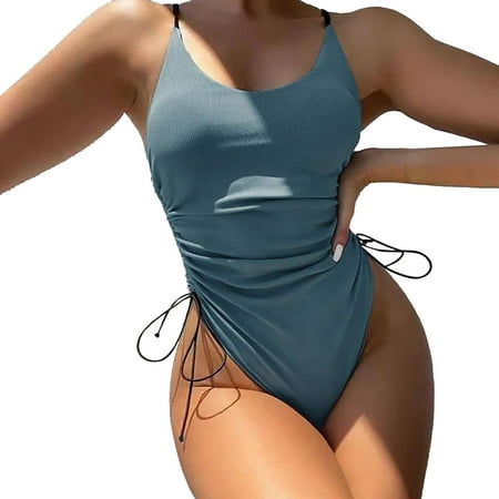 IDALL One Piece Swimsuit Women Swim Suits for Women 2025 Women S Swimsuit Bikini Solid Color Conjoined Swimsuit High Waist Swimsuit Beach Suit Bathing Suit Womens Swimsuits Blue L