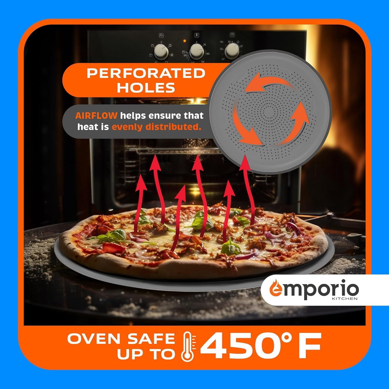 Emporio Kitchen Non-Stick Pizza Pan 2 Pack – 16 Inch Round Carbon Steel Pizza Tray with Perforated Holes, PFOAPFOSPTFE-Free, Dishwasher & Oven Safe Up To 450°F, Durable Nonstick Silver Coating