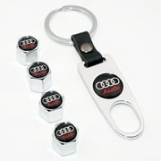 US85 Audi Logo Emblem Auto Car Wheel Tire Air Valve Caps Stem Dust Cover & Keychain Ring Accessories Decoration Birthday Gift (Chrome)