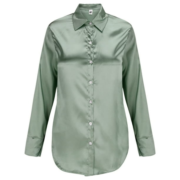 Women's Satin Long Sleeve Shirt Button Down Casual Blouse
