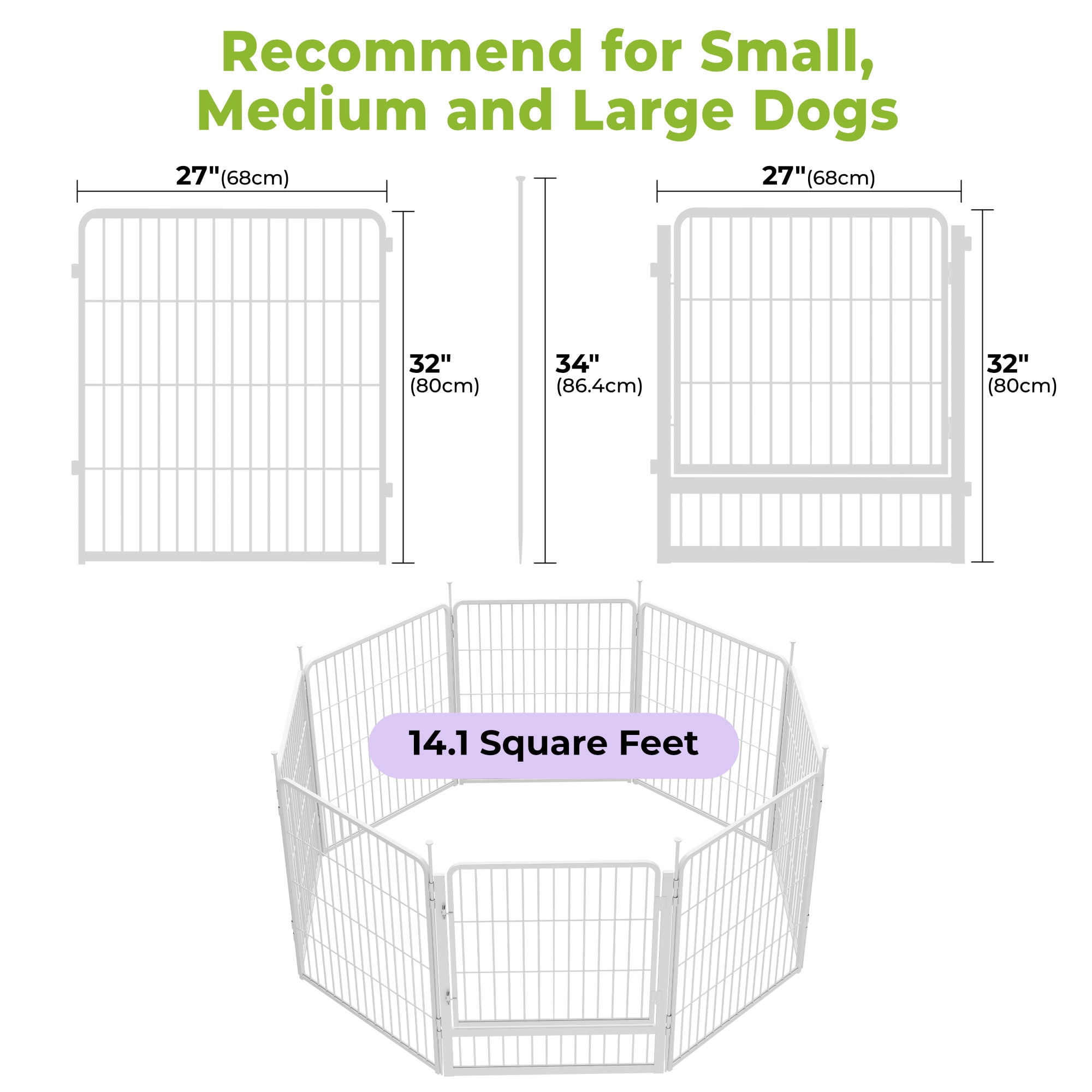 SunsGrove Dog Playpen with Wider Door, Heavy Duty Anti-Rust Pet Pen for Indoor, Courtyard, RV Camping for Medium Dogs,32'' 8 Panels,White