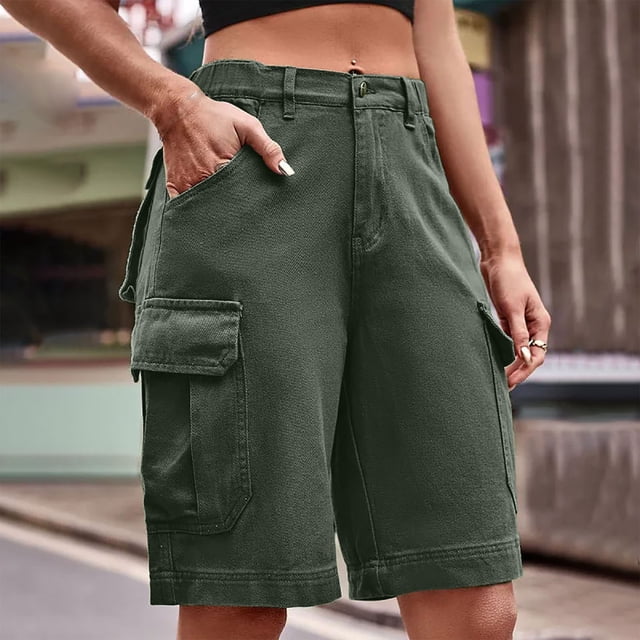 Mefallenssiah Shorts Décontractés Droits pour Femmes, Multi-Poches, Taille Mi-Haute