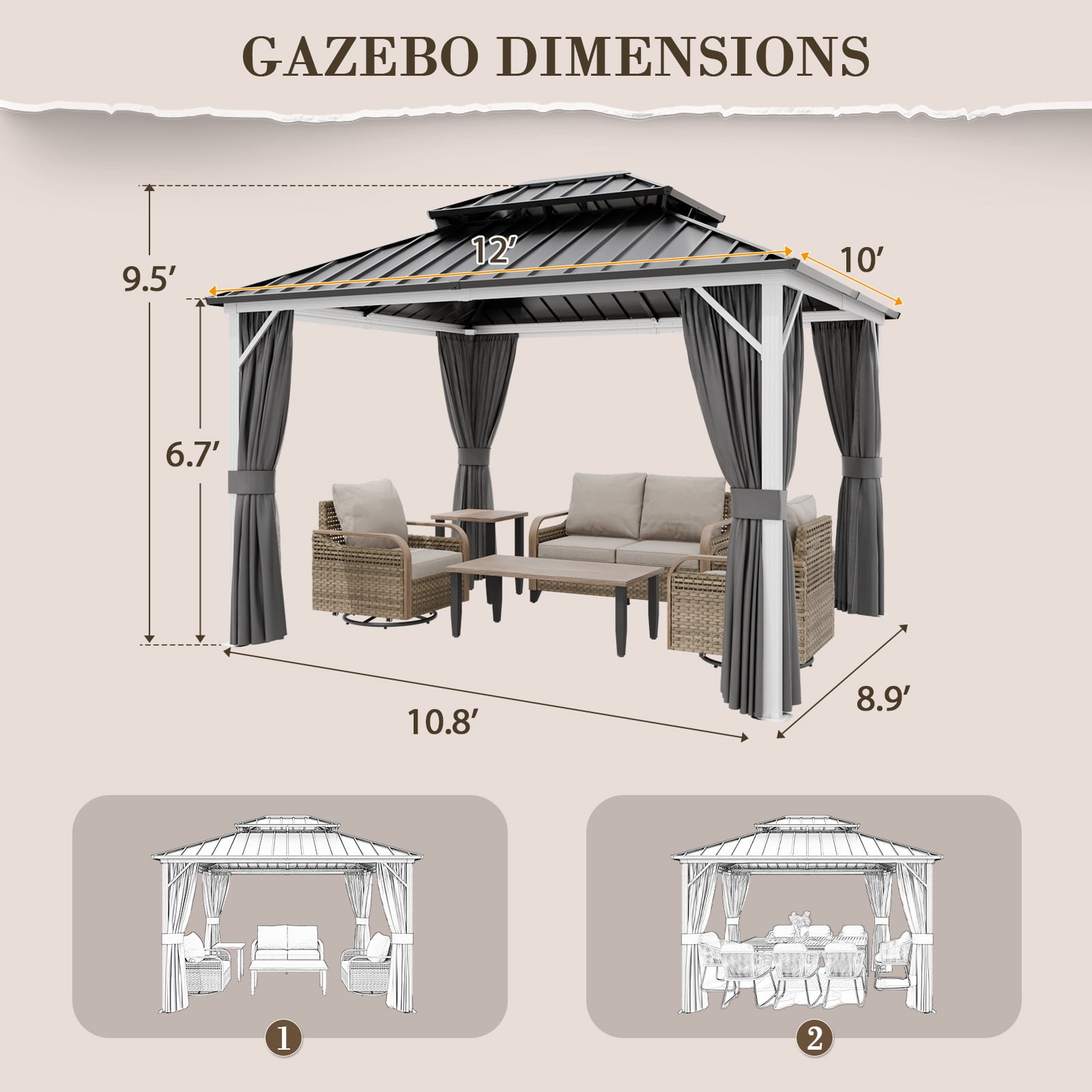 EAGLE PEAK 10'x12' Outdoor Patio Hardtop Gazebo with Aluminum Frame, Galvanized Steel Double Roof with Netting and Curtains, White/Gray