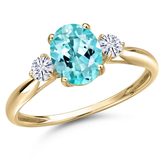 Gem Stone King 10K Yellow Gold Blue Apatite and White Moissanite 3-Stone Ring for Women | 1.40 Cttw | Oval 8X6MM | Gemstone Birthstone | Size 8