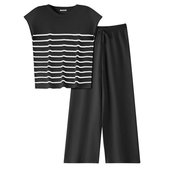 EKOUAER Pajama Set for Women 2 Piece Outfits Knit Sweater Sets Striped Top Wide Leg Long Pants Matching