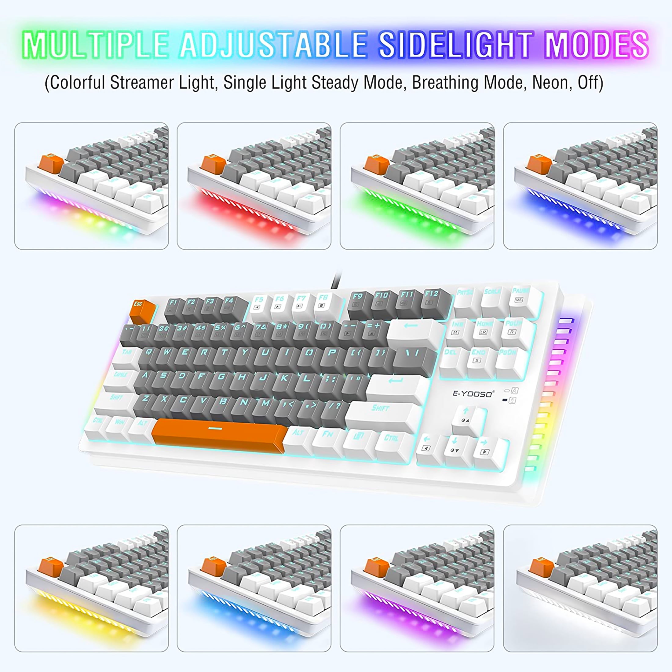 Mechanical Gaming Keyboard, E-YOOSO Wired 75% Mechanical Keyboard with Blue Switches, 87 Keys Gaming Keyboard with Solid Color Backlit & RGB LED Sidelight for Windows Mac PC Gaming