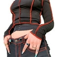 thumbnail image 3 of xiaxaixu Femmes Crop Top Patchwork Froid Épaule Manches Longues Col Rond T-Shirt, 3 of 8