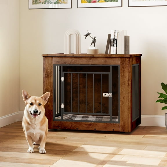 ModFusion 30" Wooden Dog Kennel with Lockable Crate, Adjustable Legs – Brown – Safety for Small Dogs