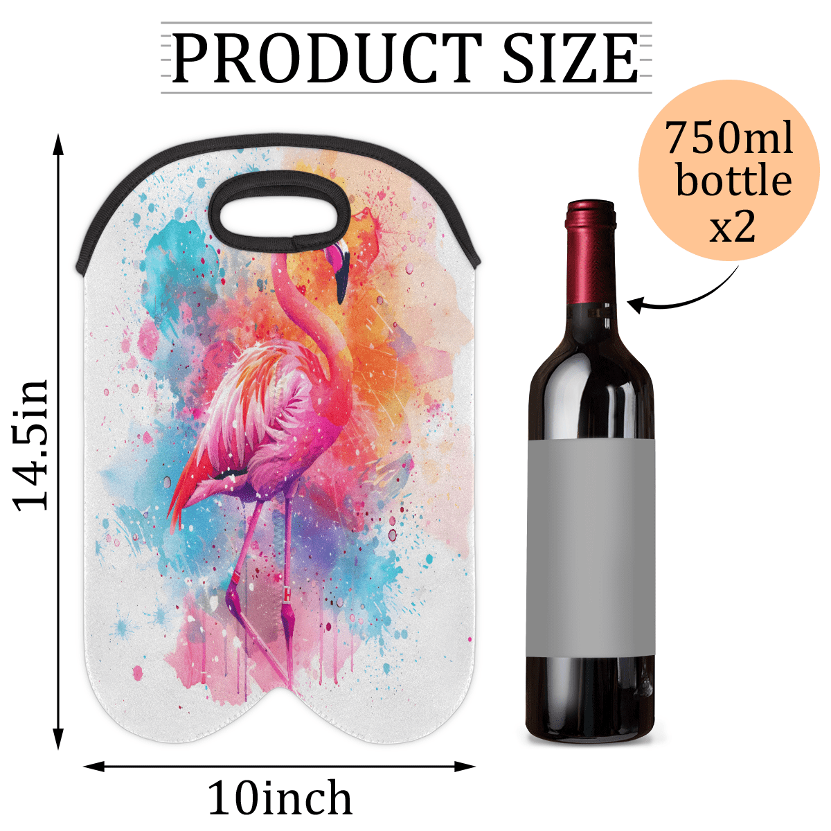 Jiaoprinted Watercolor Flamingo 2-Bottle Neoprene Wine Bag Water Bottle Carry Tote, Reusable Wine Bottle Protective Travel Bag for Women Men, Pink Flamingo