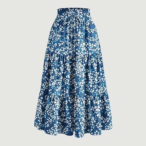 OSFVNOXV Boho Skirts for Women Summer 2025 Floral Ruffle Beach Skirt Elastic Waistband Pleated Flowy Swing Long Polka Dot Skirts with Pockets