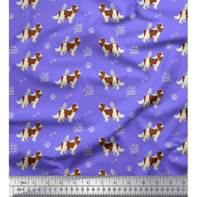 Soimoi Purple polyester Crepe Fabric Bird,Paw & Cocker Spaniel Dog Print Fabric by Yard 42 Inch Wide