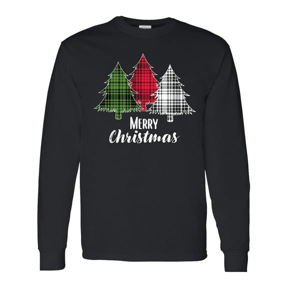 Inktastic Merry Christmas Plaid Trees Long Sleeve T-Shirt