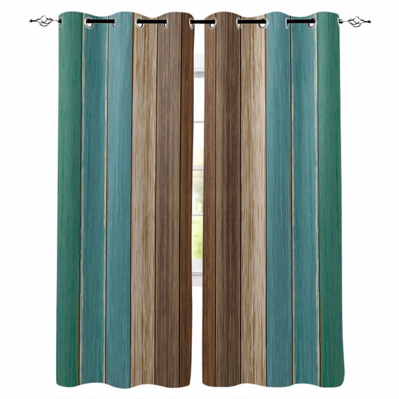 Teal Blue Brown Blackout Curtains for Bedroom/Living Room, Thermal Insulated Kitchen Curtains, Farmhouse Retro Wooden Grain Stripes Grommet Darkening Window Treatment Drapes 52"x63"x2