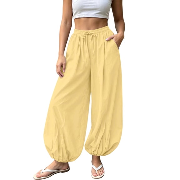 HappyYEE Women’s Baggy Balloon Pants Elastic Waist Wide Leg Joggers with Pockets Loose Fits Cuffed Ankle Lightweight Travel Trousers M