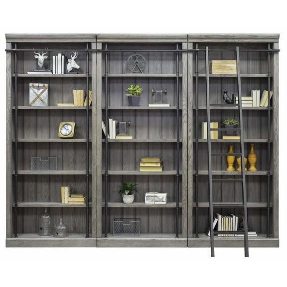 Avondale 8' Tall Bookcase Wall With Ladder Storage Organizer Display Gray