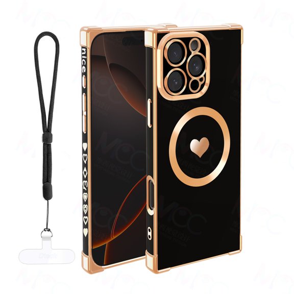 Dteck Magnetic Case for iPhone 16 Pro Max 6.9 Inch Compatible with Mag-Safe, Soft TPU Heart Design Phone Cover with Lanyard Wrist Strap Shockproof Protection Slim Case for Women,Black