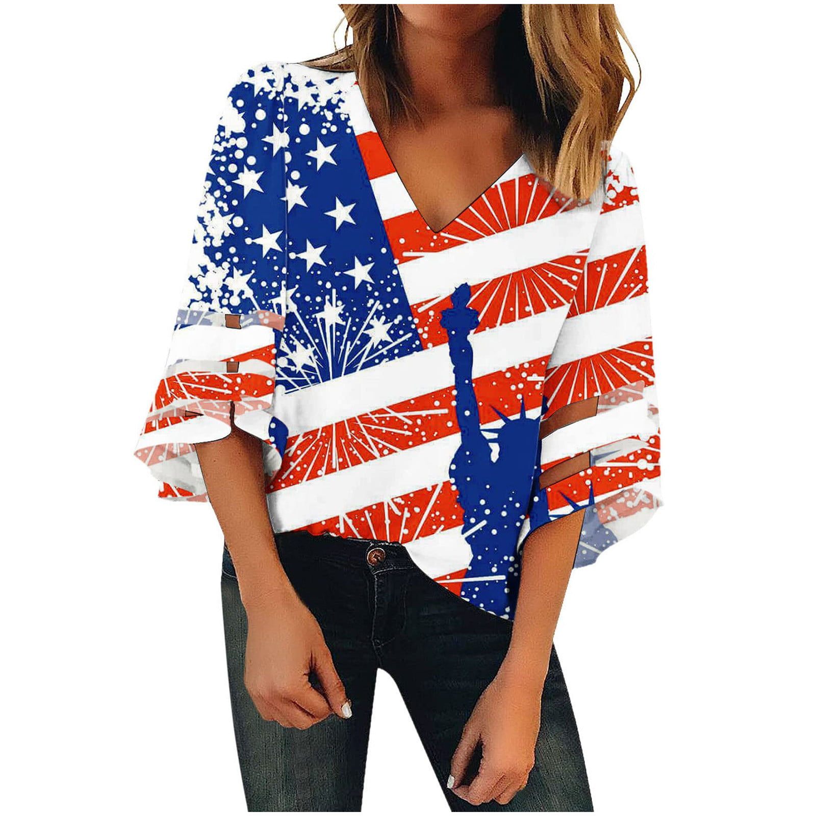 HTNBO Independence Day Tops for Women 3/4 Sleeve V Neck Summer Clothes ...