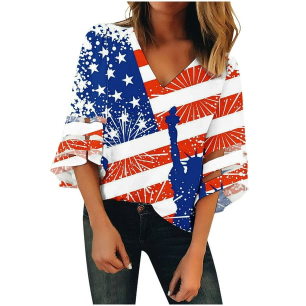 Camiseta de mujer Camisetas con cuello en V Manga tres cuartos Camiseta estampada Tops Blusa Regalo para mujer Fridja czfsfas1422