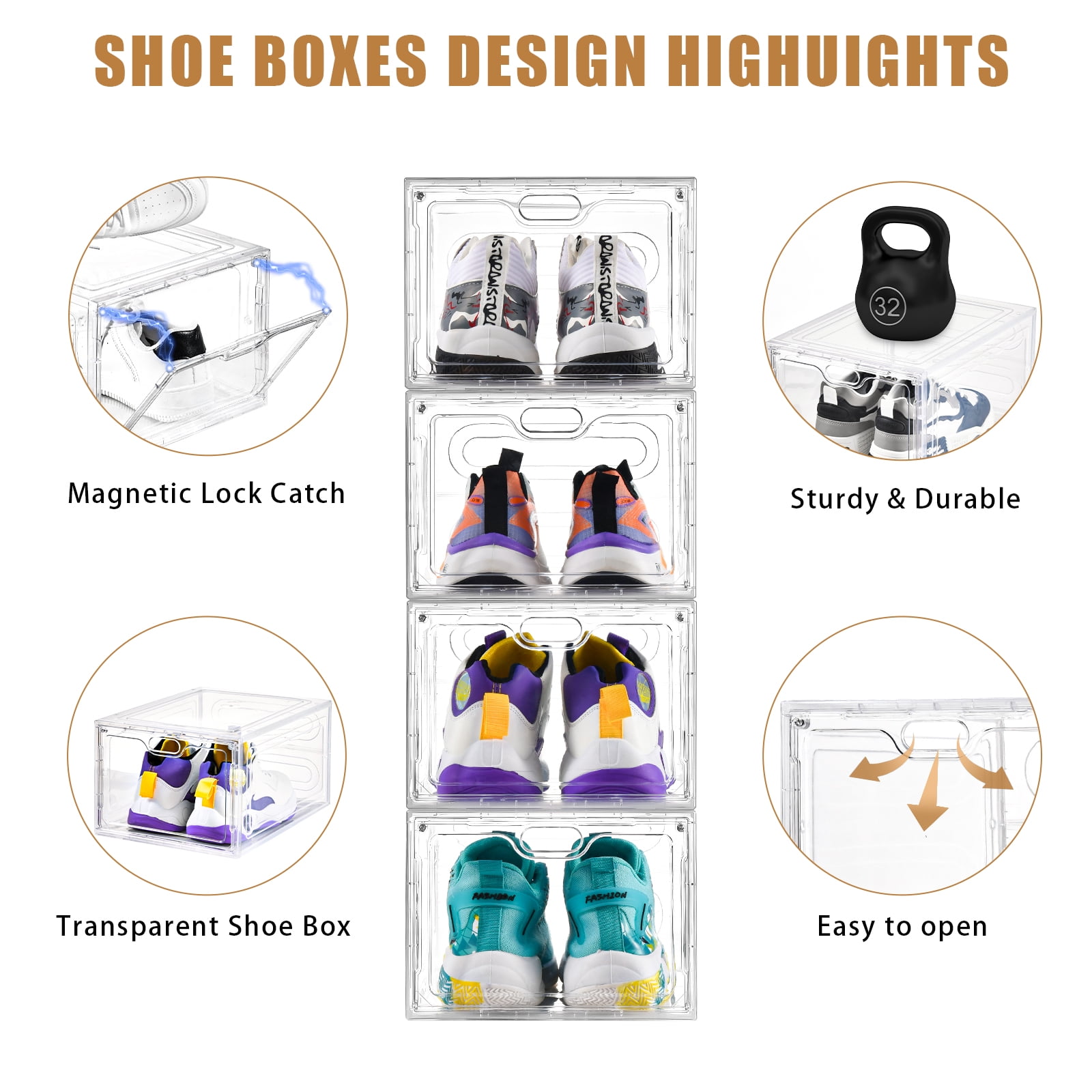 VOZOGO 6 Pack Clear Shoe Storage Organizer Box, Stackable Plastic Shoe Cabinet Box Set with Magnetic Door, Shoe Rack for Sneaker Storage,Shoe Containers 13.4"x 9.8"x 7.1"