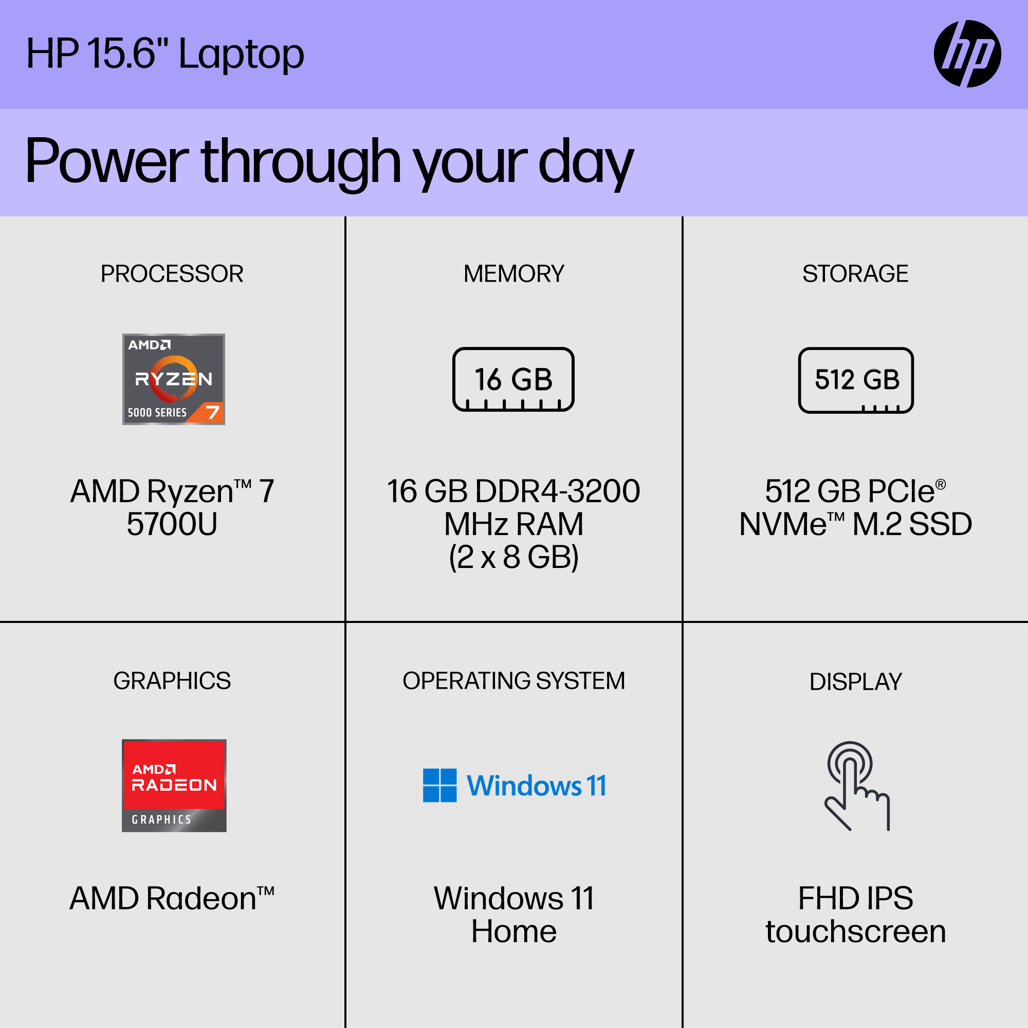 HP 15.6" FHD Touch Laptop, AMD Ryzen 7 5700U, 16GB RAM, 512GB SSD, Silver, Win 11 Home, 15-ef2747wm - image 2 of 11