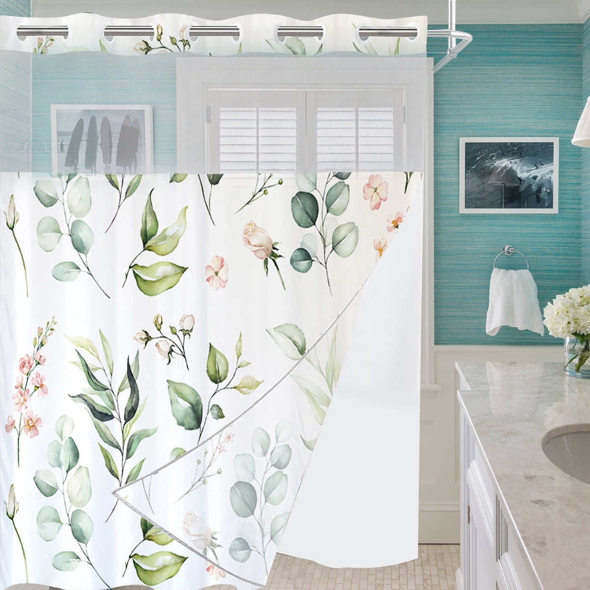 Dznils White No Hook Fabric Shower Curtain with Snap-in Liner, 72" x 74", Green Floral Patterned