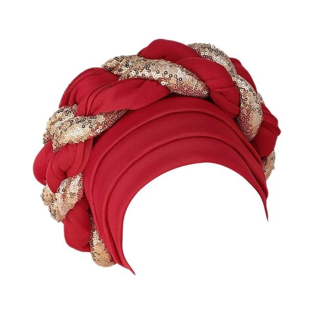 Turban Africain pour Femmes, Foulard à Sequins, Bonnet Doux pour Tresses, Rouge