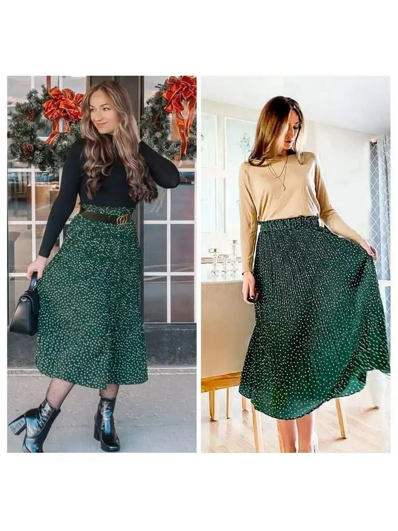 Fantaslook High Waist Midi Polka Dot Pleated Skirt for Women