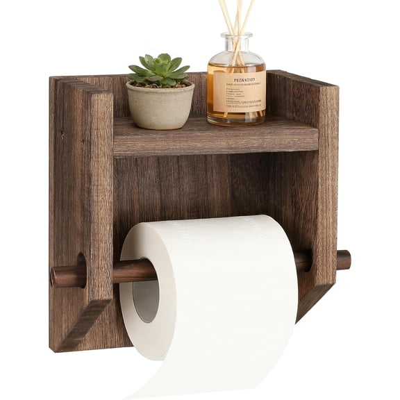 Toilet Paper Holder with Storage & Phone Shelf, Easy to Install Wall Mounted Wood Toilet Paper Holder, Farmhouse Rustic Tissue Roll Dispenser