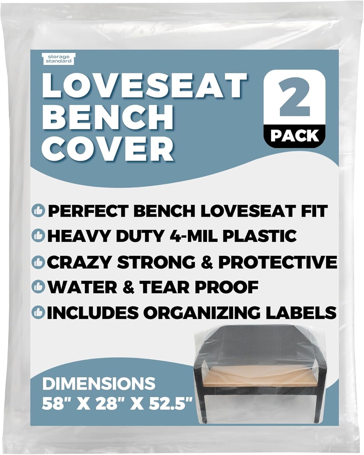 2-Pack Patio Loveseat Bench Cover, Heavy-Duty Clear Plastic Waterproof Outdoor Furniture Covers, Extra-Thick 58" x 28" x 52.5", Reusable Garden Sofa Protection