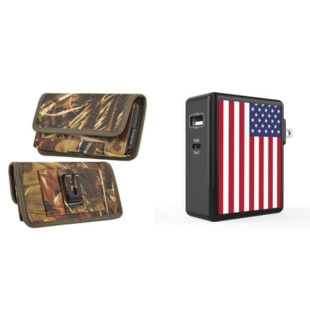 

Pouch and Wall Charger Bundle for Samsung Galaxy A04s: Horizontal Rugged Nylon Belt Holster Case (Camo) and 45W Dual USB Port PD Power Delivery Type-C and USB-A Power Adapter (American USA Flag)