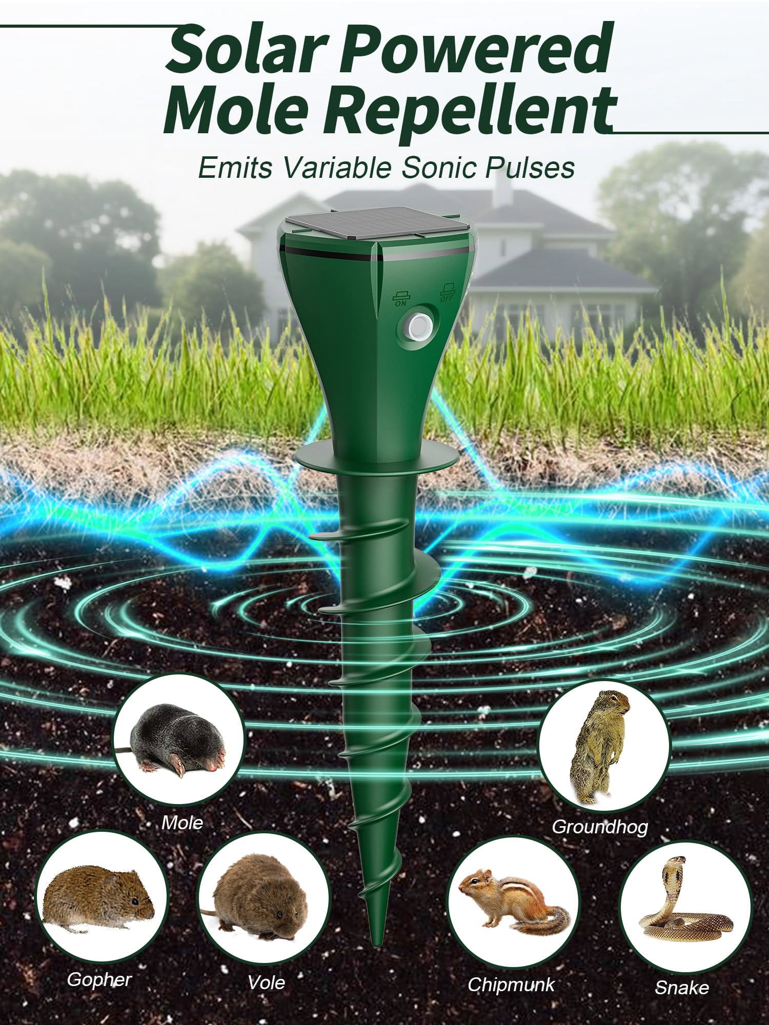 PATIOEASY 8 Pack Solar Powered Mole Trap with Screw-Shape Stakes, Mole Repellent, Ultrasonic Mouse Repellent, Safe and Effective Big Rats Controlfor Garden, Lawn, Yard, Farmland