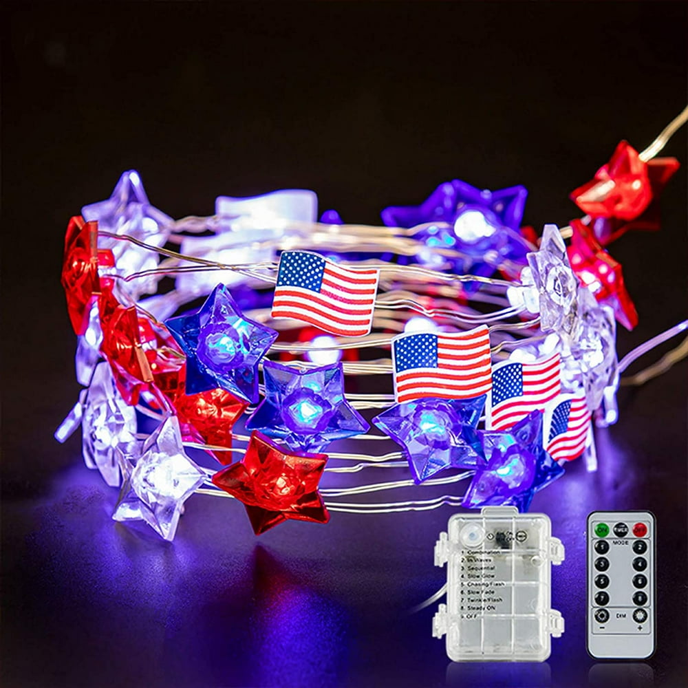 10Ft 40LED American Flag Stars String Lights with Remote Timer, USA