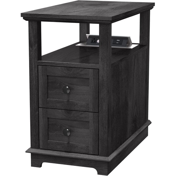 Narrow End Table with Flip Top Charging Station and 2 Drawers, Type-C & USB Port & Power Outlets, Wooden Storage Cabinet for Living Room and Bedroom
