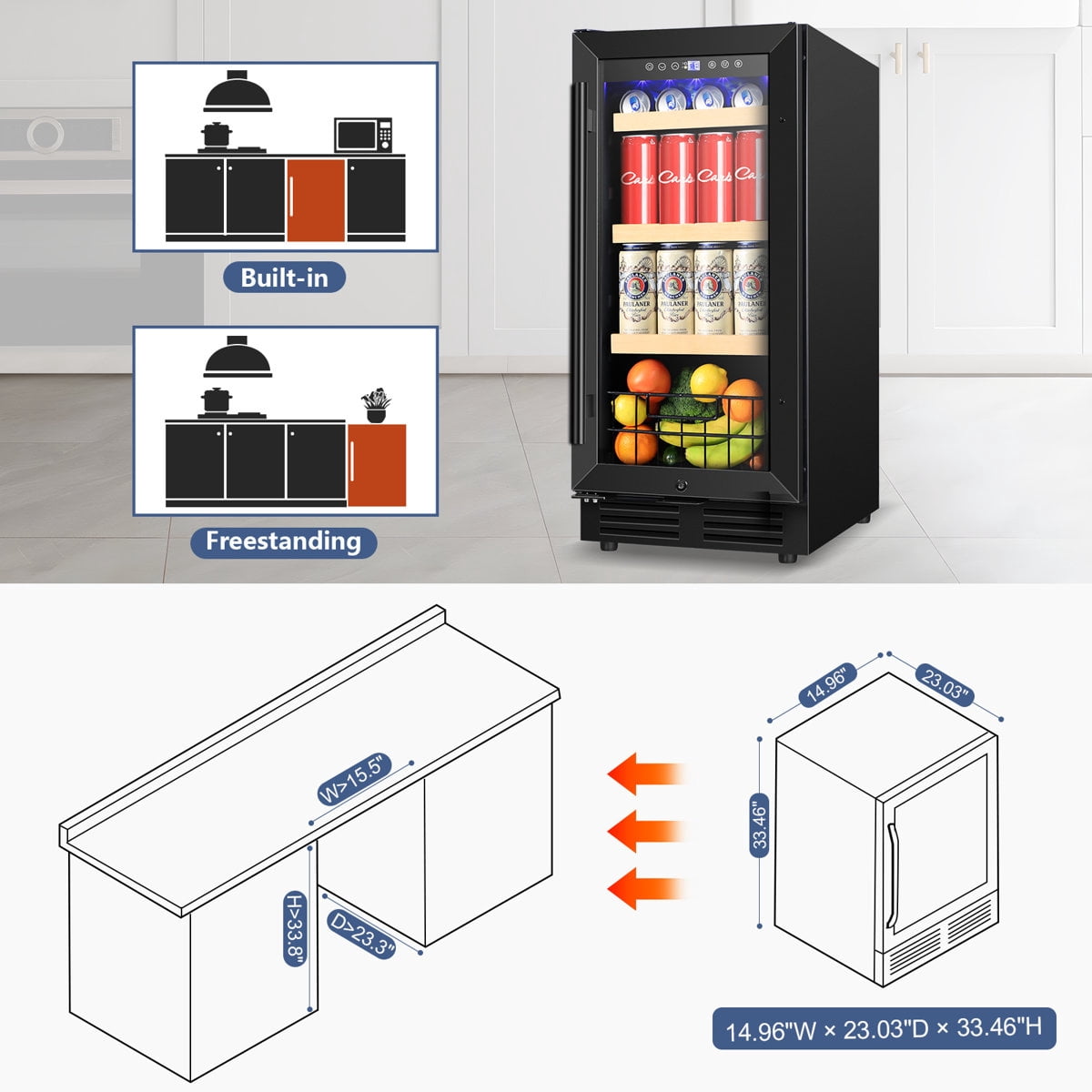 15" Black Beverage Refrigerator 130 Can Built-In/Freestanding Beer Cooler Fridge With Basket And Reversible Hinge