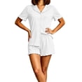 thumbnail image 2 of Chbgutlmr Pajamas for Women Set 2 Piece Short Sleeve Button down Lapel Shirts Wide Leg Shorts Casual Summer Comfy Ruffled Loungewar Sets, 2 of 5