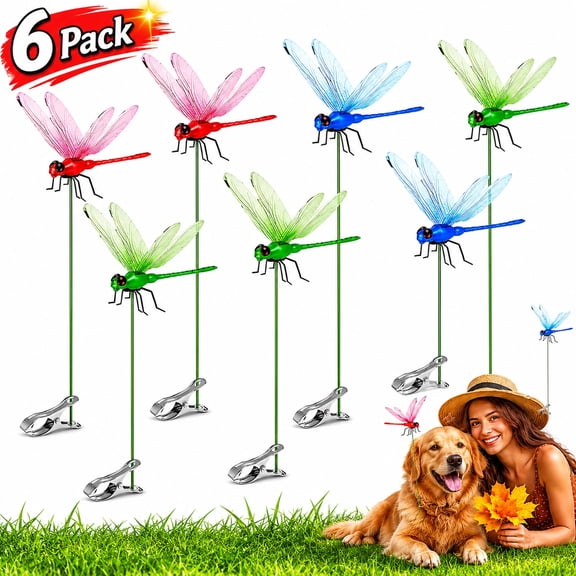 6 Pack Dragonfly Clip,3D Dragonfly Garden Stakes Decor,Fly Deterrent,Dragonfly Humming Bird Stakes,Deer and Horse,Bird and Fly Scare Devices for Indoor Outdoor Garden