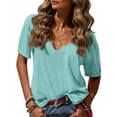 thumbnail image 2 of ASDFVBKG Short Sleeve Blouses for Women Comfy V-Neck Blouse Dressy Solid Color Relaxed Fit Loose Fit Outfits Clothes Turquoise S, 2 of 3