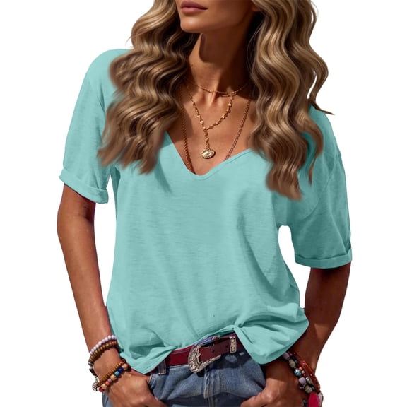 Dwralegc Womens V Neck T Shirts Solid Fashion T Shirt Summer V-Neck Short Sleeve Tee Tops Loose Fit Casual Shirt Outfits Turquoise 2XL