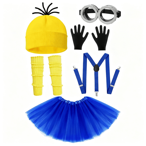 OQRKI 6 Pcs Adult Halloween Costume Accessories,Yellow Beanietutu Skirtstockingssuspendersgogglesgloves Cosplay Set Halloween Costume