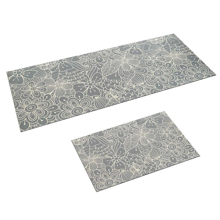 Benissimo-Modern Mats, 24”x62” + 20”x32” Set of 2 Ultra-Thin (1/10 Inch)  Kitchen Mat Rubber Backing, Waterproof, Low Profile, Durable&Non Slip,  Indoor Floor Mat for Entry, Patio, Floral Line Doodle 